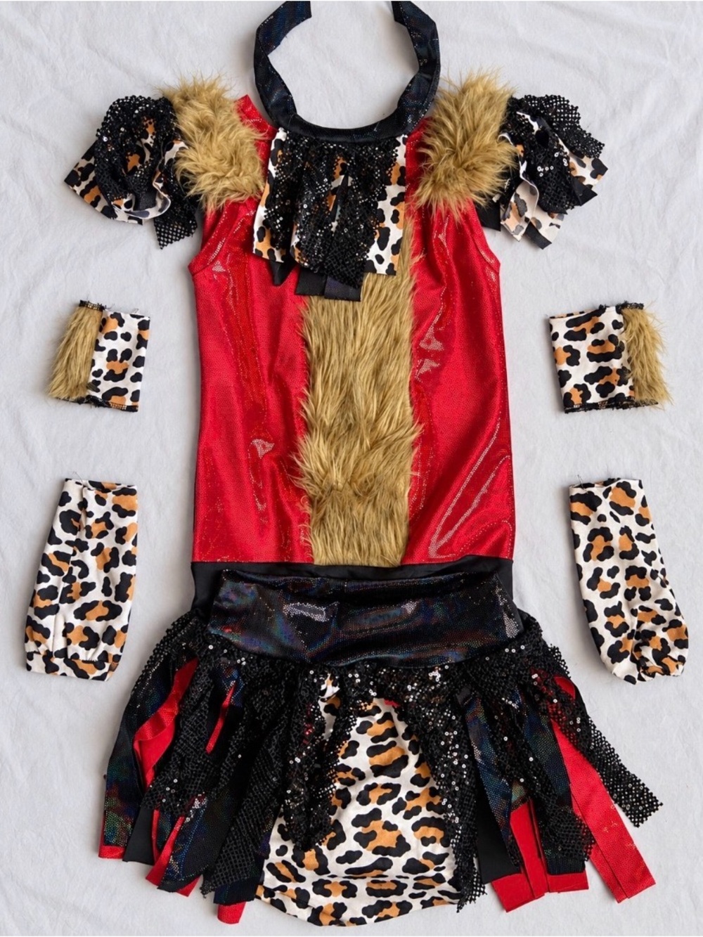 Custom Competition Dance Costume Red Leopard Faux Fur Jazz Multi Piece Set